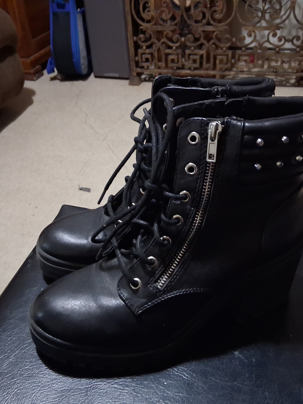 Women’s Black Lace-Up Wedge Ankle Boots with Side Zip